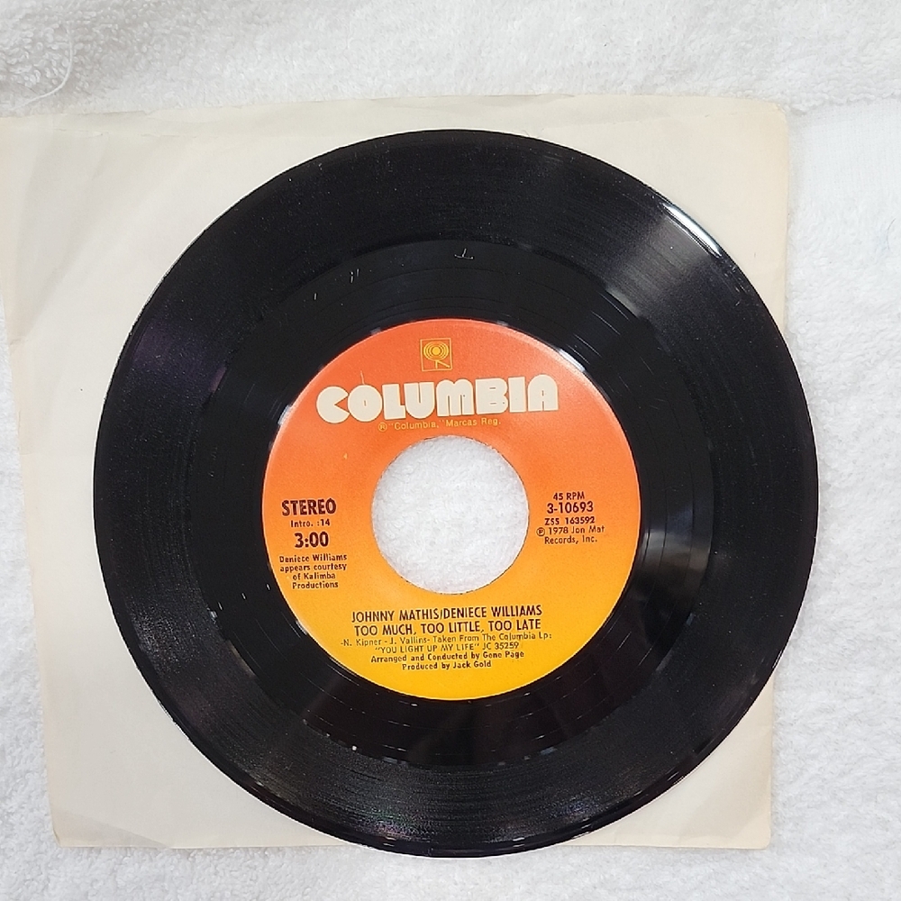 45RPM JOHNNY MATHIS VINYL SINGLE RECORD